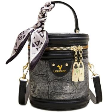 Imagem de RTGGSEL Bolsa estilo concha retrô de lona colorida contrastante para mulheres, bolsa tiracolo tiracolo com zíper, Jeans preto