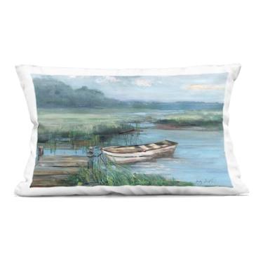 Imagem de Stupell Industries Almofada estampada interna Docked Rowboat at Lake's Edge, 35 x 18 x 50, azul