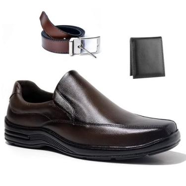 Imagem de Sapato Masculino Social Ortopédico Couro Legítimo Clássico Kit Cinto +