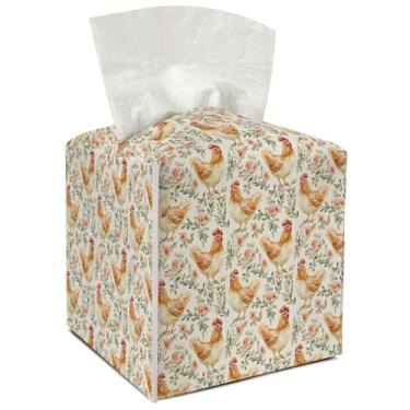 Imagem de Frango fofo com porta-lenços de flores quadrado com cinto inferior capa decorativa de couro para banheiro, carro, escritório, ideal para mulheres, colegas, família, mãe, aniversário, Natal, presentes