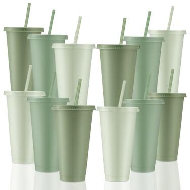 Imagem de Skylety 12 peças de copos de plástico verde sálvia com tampas e canudos 680 g copo reutilizável grande caneca de viagem café bebidas suprimentos de festa para Natal, casamento, nupcial, chá de bebê