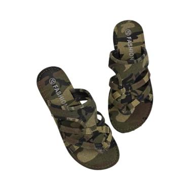 Imagem de GORGLITTER Sandália feminina camuflada com tiras, estampa de camuflagem, chinelos de dedo aberto, Verde militar, 40