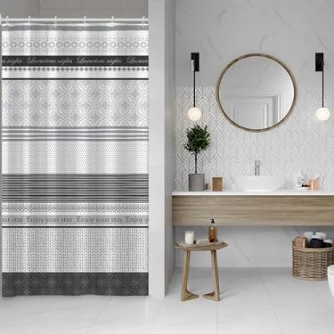 Imagem de Baocicco Conjunto de cortinas de banheiro listradas Boho 91 x 182 cm, cortina de banheiro de poliéster cinza e branco à prova d'água com 6 ganchos decorativos para casa de fazenda, hotel, banheira