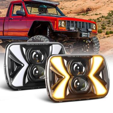 Imagem de BraveWAY 2 peças de faróis de LED 5 x 7 lascas de farol alto/baixo com halo Angel Eyes branco âmbar DRL luz de seta feixe selado H6054 7x6 faróis de LED compatíveis com Wrangler YJ Cherokee XJ Nissan
