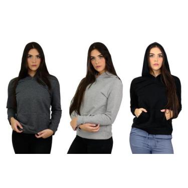 Imagem de Casaco Blusa Moletom Flanelado Tira Feminino Capuz Bolso - B2T, Preto,