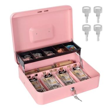 Imagem de SAFECaixa de dinheiro com bandeja de dinheiro e cadeado, caixa de metal para caixa registradora, caixa grande para dinheiro cofre inclui 5 compartimentos para moedas, 4 compartimentos para notas, 4