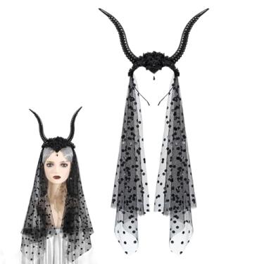 Imagem de Bandanas femininas de Halloween, chifres de cabra góticos com véu para férias, faixa de cabelo para cosplay, suprimentos de fantasia de Halloween