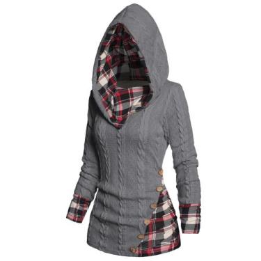 Imagem de Suéter feminino ZEZCLO, tricotado, tricotado, estampado xadrez, cinza,