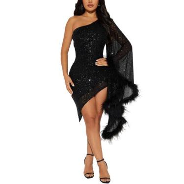 Imagem de Vestido Nagfar Sexy Glitter, lantejoulas, ombro único, preto