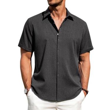 Imagem de Camisa masculina J.VER de linho e algodão, manga curta, cinza escuro, 