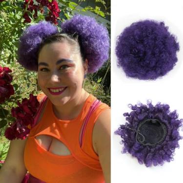 Imagem de MKJVEN Extensão Afro Puff Rabo de Cavalo para Mulheres Negras, Perucas de Rabo de Cavalo Encaracolado Roxo com Clipes Natureza Updo Pães de Cabelo para Mulheres Meninas (Troxo)