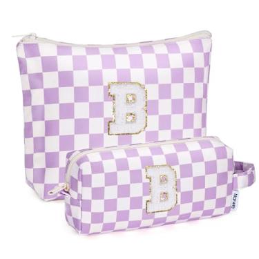 Imagem de Narwey Bolsa de maquiagem com inicial personalizada, 2 peças, xadrez, presentes de aniversário, presentes para meninas, coisas modernas, 6, 8, 10, 11, 12, 13, 14, 16, 18 anos, bolsa de higiene pessoal