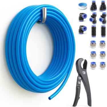 Imagem de Sctihwelire Kit de tubulação de ar PU 1/5.1 cm OD x 3/20.3 cm ID - Mangueira flexível azul de 12 m com encaixes de pressão para conectar, cortador de tubo - kit de linha de ar pneumático para
