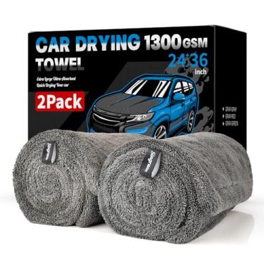 Imagem de Singrune Pacote com 2 toalhas de secagem de carro GG – Microfibra ultra absorvente 1300GSM, tamanho grande, 61 x 91 cm, laço torcido, sem fiapos e sem riscos para detalhes automotivos, carros, SUV