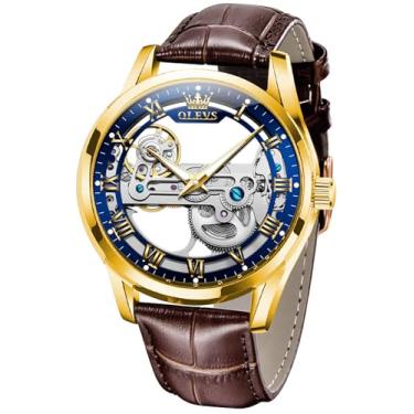 Imagem de OLEVS Relógios de pulso exclusivos esqueleto automáticos para homens, pulseira de couro preto e marrom, moda luxuosa, relógio mecânico masculino luminoso, à prova d'água, Pulseira marrom com mostrador