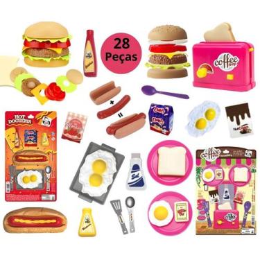 Imagem de Kit c/ 28 peças Comidinhas Brinquedo Hamburguer Hot Dog Infantil Torra