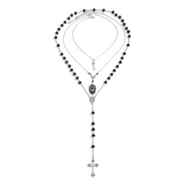 Imagem de VIYPDRST Colar punk gótico para mulheres, colar de caveira, colar de contas em camadas cruzadas, colar com pingente de cristal de cruz, joias de fantasia punk de Halloween, one size, Metal, Sem Pedra