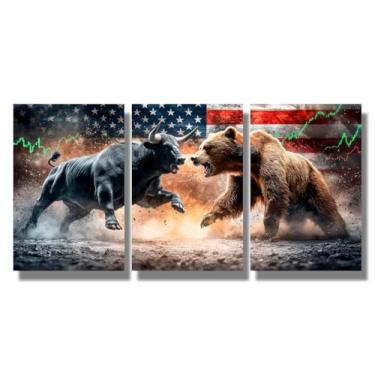 Imagem de LSIUHWUWI Arte de parede American Bull vs Bear - Conjunto de 3 telas emolduradas de 40,6 x 61 cm, arte de mercado patriótico para sala de estar e espaços para investidores