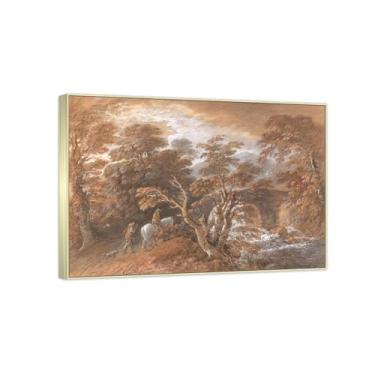 Imagem de Famosa pintura de arte de parede - (Hilly Landscape) por Thomas Gainsborough - Reproduções impressas em tela - Imagens para decoração de sala de estar (40 x 56 cm (15,8 x 22,0 pol)/molduras champanhe)