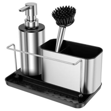 Imagem de Organizador de pia de cozinha, suporte de esponja de aço inoxidável para pia de cozinha com suporte de escova, bandeja de armazenamento de dispensador de sabão à prova de ferrugem para acessórios de