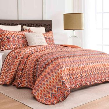 Imagem de Conjunto de colcha King Size 266 x 239 cm, 3 peças, colcha boêmia grande laranja ardente, boêmio, macio, leve, colcha de cama de fazenda, edredom acolchoado fino, conjunto de cama vintage, feminino e