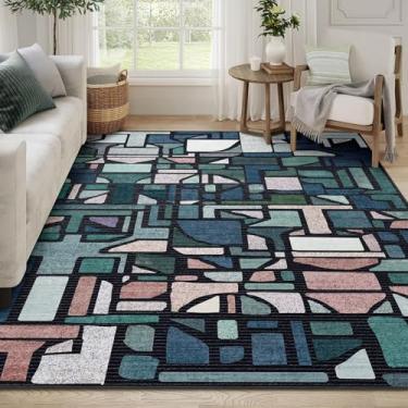 Imagem de DEXDE Tapete vintage quadriculado abstrato para sala de estar, antiderrapante, lavável, grande, macio, moderno, para sala de jantar, quarto, cozinha, escritório, berçário, sala de jogos, azul