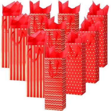 Imagem de Chrisfall 12 sacos de vinho para garrafas, sacos de presente de vinho, papel kraft a granel com alças de etiquetas, papel de seda para embrulho de Natal, Natal, festa de aniversário, presente de