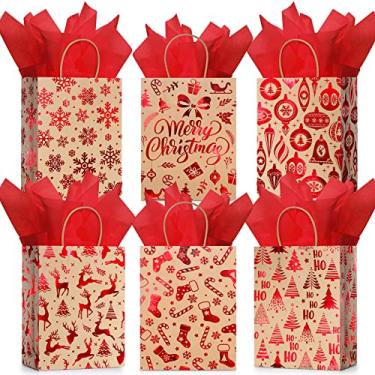 Imagem de 24 peças de sacos de presente de Natal com papel de seda, Feliz Natal Sacos de papel kraft com alças a granel para embrulho de presente de Natal Suprimentos de festa de Natal (vermelho floco de neve, médio)