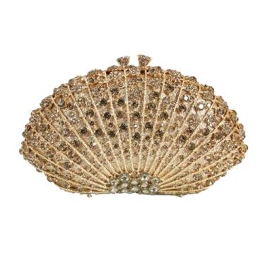 Imagem de WYZIG Bolsa feminina com glitter em forma de leque de strass para noite luxuosa bolsa de casamento de cristal para coquetel e festa de formatura, Dourado