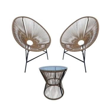 Imagem de Kit 2 Cadeira Mesa Ampulheta Madeira Ou Vidro Área Externa Sala Fibra Sintética (Palha,Madeira)