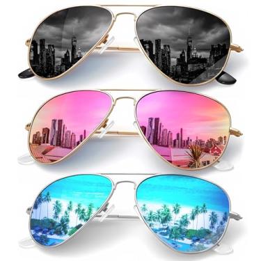 Imagem de KALIYADI Óculos De Sol Aviador Polarizados Para Homens E Mulheres, Metal Com Bloqueio Uv, Pacote 3 (Azul/Rosa/Cinza, 62 Mm)