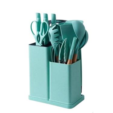 Imagem de Conjunto de Utensílios de Silicone com Cabo de Madeira e Kit de Facas com Tábua 19peças(Verde)