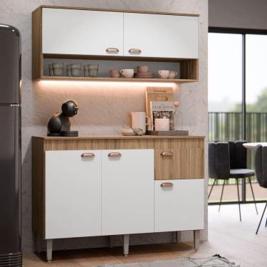 Imagem de Kit Armário De Cozinha Aéreo E Bancada Completo Com 5 Portas E 1 Gaveta Carvalho Branco