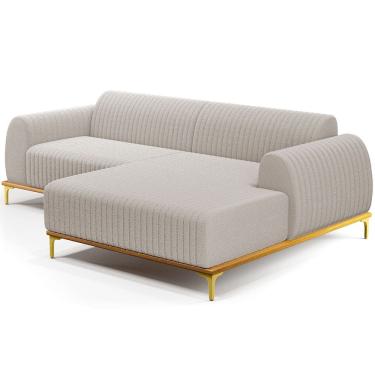 Imagem de Sofá 5 Lugares com Chaise Direito Para Sala de Estar Molino 350cm D02 Base Castanho Pés D`ouro Bouclê Creme B-54 - Lyam Decor