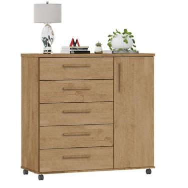 Imagem de Cômoda Sapateira Barcelona 1 Porta 2 Prateleiras 45cm MDF Amêndoa com 5 Gavetas