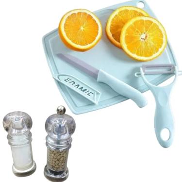 Imagem de Kit Descascador e Faca com MINI Tábua, AZUL, 3 Peças, 19,5cm, para Legumes e Frutas + Moedor de Sal e Pimenta em Acrílico, 11cm