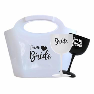 Imagem de Kit 12 Taças Gin Vodka 580ml Acrílica - Personalizadas Chá de lingerie despedida de solteira madrinhas Bride Noiva - Aloha (Bolsa Branca/Taça Preta -BRIDE)