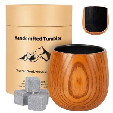 Imagem de PAREMPY Copo de uísque carbonizado de madeira para bourbon feito à mão copo de uísque de 293 ml vidro à moda antiga, ótimos presentes de uísque para homens, marido, pai, irmão, aniversário, Natal, Dia