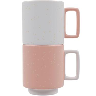 Imagem de American Atelier Conjunto de 2 canecas de café empilháveis | Copos de cerâmica de 400 ml para bancada de cozinha, mesa, ilha ou café | Presente para amantes de chá e café (rosa)