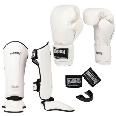 Imagem de Kit Luva de Boxe Classic Branca + Caneleira Muay Thai Branca + Bandagem 3m + Protetor Bucal - Maximum (LUVA 12oz + CANELEIRA GG)