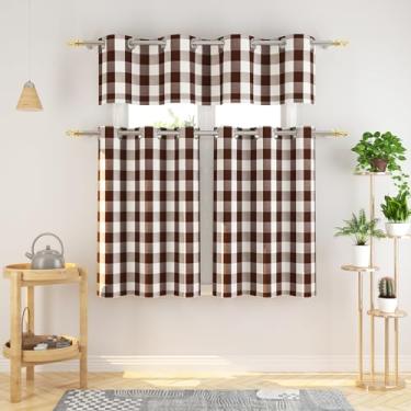 Imagem de Conjunto de 3 peças de cortinas e sanefas Buffalo Check Kitchen Tiers Xadrez Gingham Grommet Top Classic Short Small Cafe Cortinas Country Farmhouse Cafe Bathroom 137.2 cmx45.7 cm/81.3 cmx91.4 cm