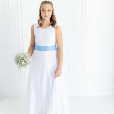 Imagem de Vestido Longo Juvenil branco Faixa Azul com Saia Tule Branco Adulto RE
