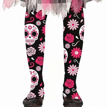 Imagem de Meia Calça Caveira Mexicana Infantil Menina Fantasia Halloween 7 a 12 