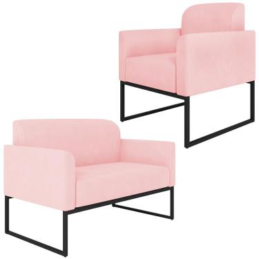 Imagem de Conjunto Namoradeira e Poltrona Decorativa Isabella Base Industrial Suede Rosa Bebê/Preto - Gran Belo