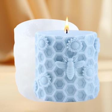 Imagem de Molde de vela cilíndrica de flor de favo de mel molde de vela de silicone de colmeia de abelha molde de fundição de resina de colmeia para fazer velas, molde de decoração de casa, molde de cera de