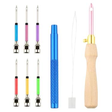 Imagem de 10 kits de agulhas de perfuração, cabo de madeira ajustável, agulha de bordado com 7 tamanhos de cabeças, rosqueador de cabo de metal para adultos iniciantes