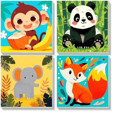 Imagem de TOSTOG Pacote com 4 tintas por números para crianças com moldura de madeira, pintura por números para crianças de 4 a 8 anos, kits de pintura a óleo acrílica macaco panda elefante raposa fácil de