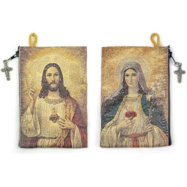 Imagem de Bolsa de Rosário Católico, Sagrado Coração de Jesus e Imaculado Coração de Maria, 10 cm x 15 cm Bolsa de Joias e Moedas com Cruz, Pequena Bolsa de Ícone de Tapeçaria Tecida, Bolsa de Rosario Católico