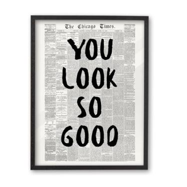 Imagem de iHery Arte de parede emoldurada de madeira de carvalho preto natural premium 30,5 x 40,6 cm You Look So Good Modern, Vintage Girl Newspaper Canvas Decor For Dorm, Quarto, Sala de Estar, 1 Pacote