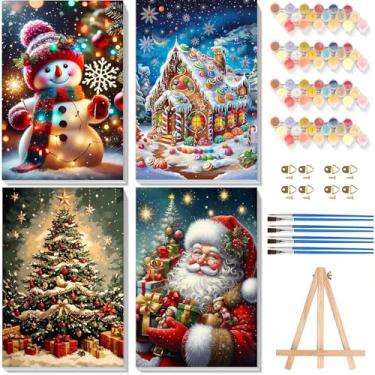 Imagem de Pintura de Natal por números para adultos com tela emoldurada - com cavalete de madeira, pacote com 4 tintas por número para iniciantes, pintura a óleo acrílica de Natal em tela com pincéis para